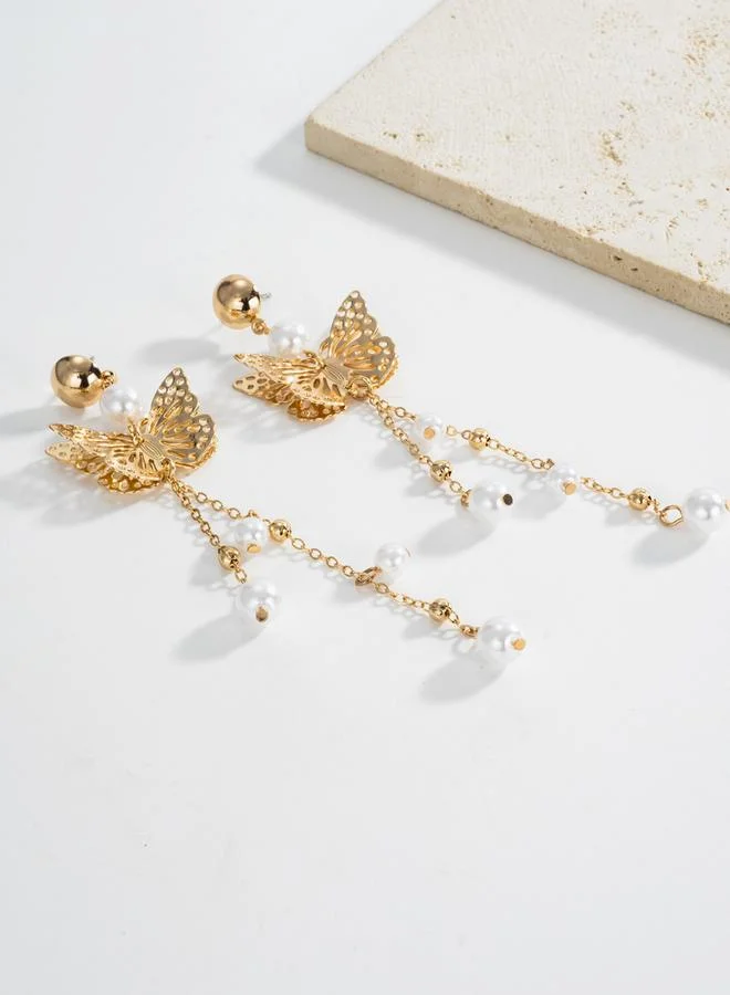 تايك تو أقراطة متدلية بلؤلؤ صناعي وفراشة